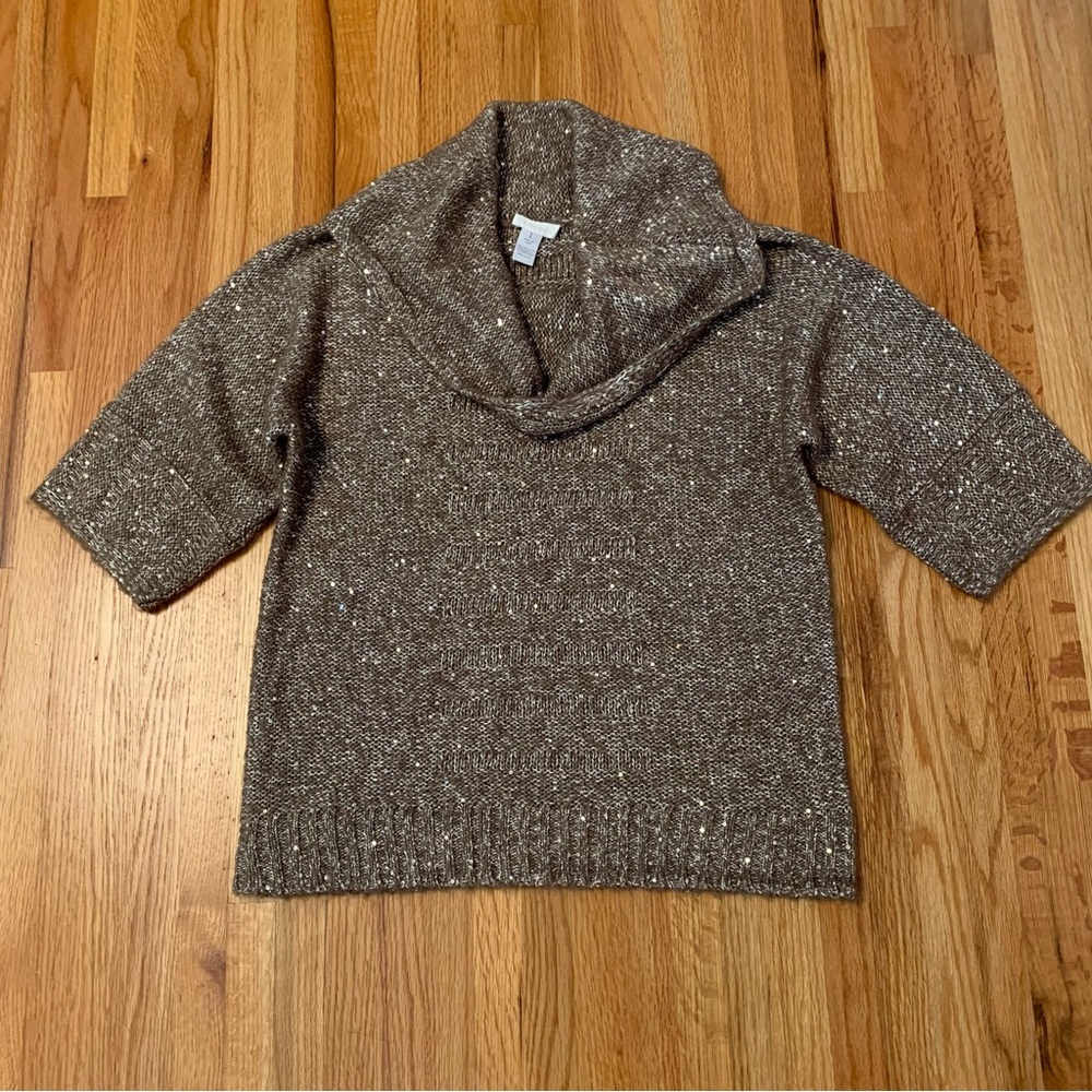 Chicos Bronze Metallic Sequins 3/4 Sleeve Cowl Neck Sweater Size 1 Small Women’s